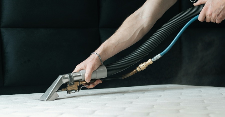 Person sanitizing a mattress